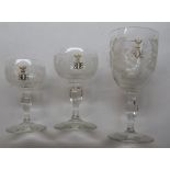 Suite of eleven various Venetian style drinking glasses, the bowls all decorated with lines of