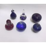 A collection of six fruit formed and conical Paperweights in various colours, all approx 3" high