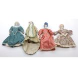 Four Small Painted Bisque Bonnet Head Dolls