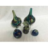 A collection of Mdina Glass, includes two oval Spill Vases, Conical Paperweight, Sea Horse