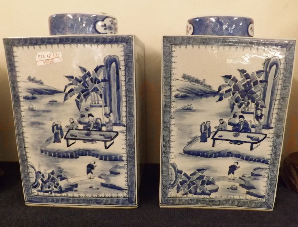 A good pair of 20th Century Chinese Large Tea Storage Caddies of square form, each with circular