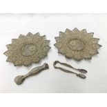 Pair of Far Eastern White Metal decorative Dishes, flower head shaped, filigree pierced with