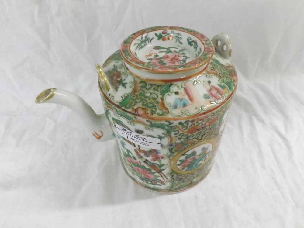 A Famille Rose Cylindrical Teapot, typically decorated with panels of figures and foliage etc, 6 1/