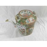 A Famille Rose Cylindrical Teapot, typically decorated with panels of figures and foliage etc, 6 1/