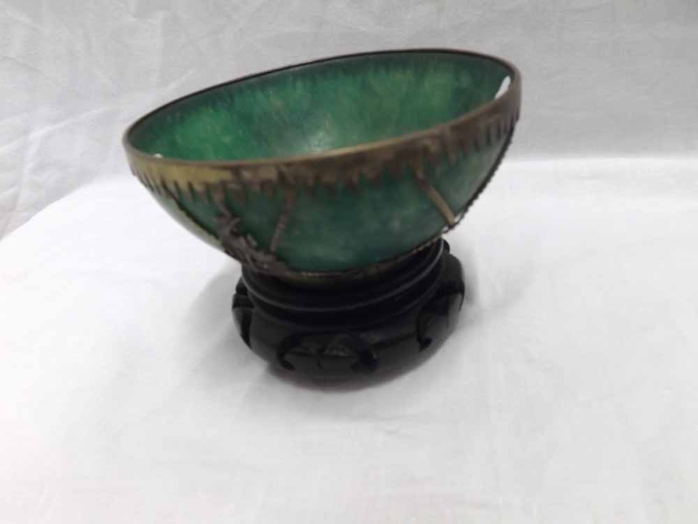 An Oriental White Metal Mounted Jade or Jadeite Circular Bowl of tapering form, 4 1/4" high 50-60 - Image 2 of 3