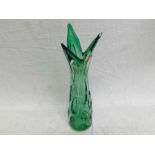 A Studio Glass large Green Vase, the neck in the form of an opening petal, 19" high   30-40