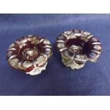 A pair of unusual Ruby Glass small Tazzas with clear facetted rims, raised on added pewter stands,