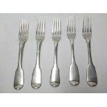 Group of five late Georgian Silver Dessert Forks, Fiddle pattern, including four London 1828,