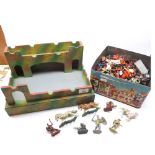 A mid-20th Century painted wooden Fort, together with a tin of various plastic figures   40-60