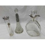 Group comprising an Art Deco period faceted glass Decanter with hallmarked Silver collar/double