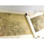 Two Rolled Oriental Watercolours on fabric, each with inscriptions and depicting Chinese river