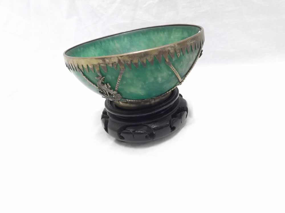 An Oriental White Metal Mounted Jade or Jadeite Circular Bowl of tapering form, 4 1/4" high 50-60 - Image 3 of 3