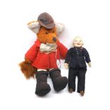 A felt-formed Doll dressed as a fireman, together with a plush fox dressed in hunting attire