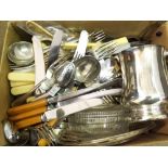 Box of assorted electro plated wares including Tankard, glass Butter Dish and stand, flatwares