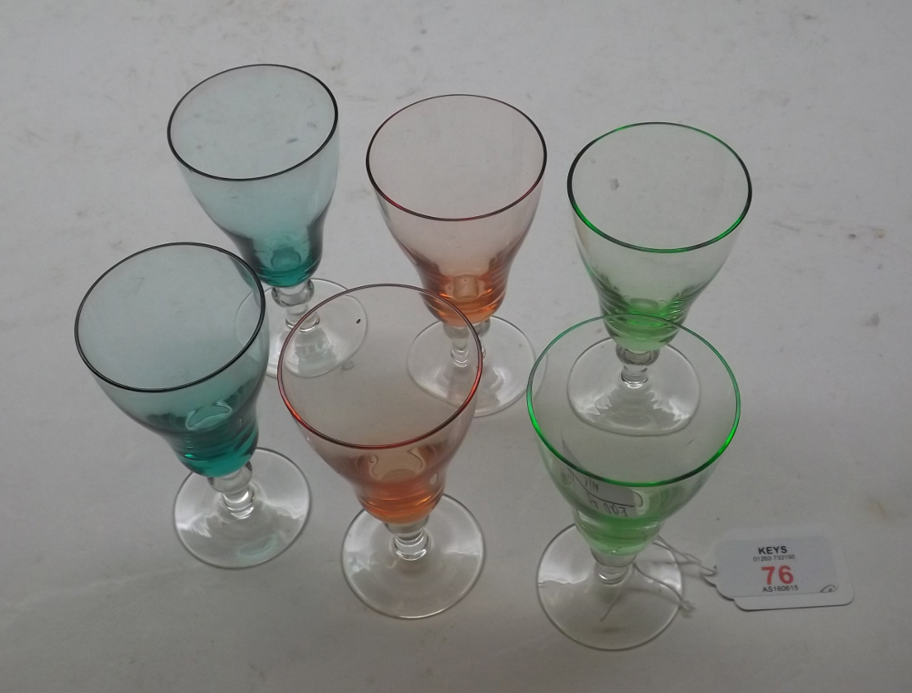 Set of six 20th Century small wines with coloured glass bowls with clear stems and bases, 4 1/2"