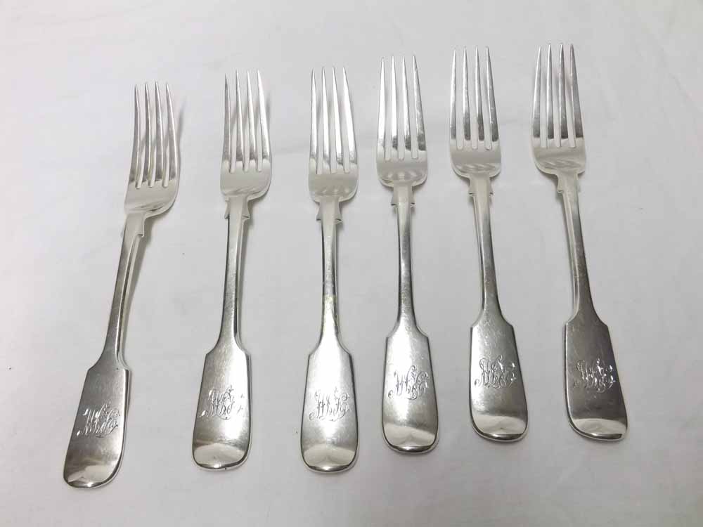 Set of six Victorian Silver Dessert Forks, Fiddle pattern, each bearing the monogram 'RJW' to