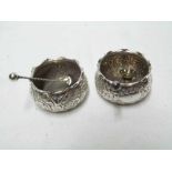 Pair of Victorian circular cauldron Salts with crimped rims and embossed bodies, vacant