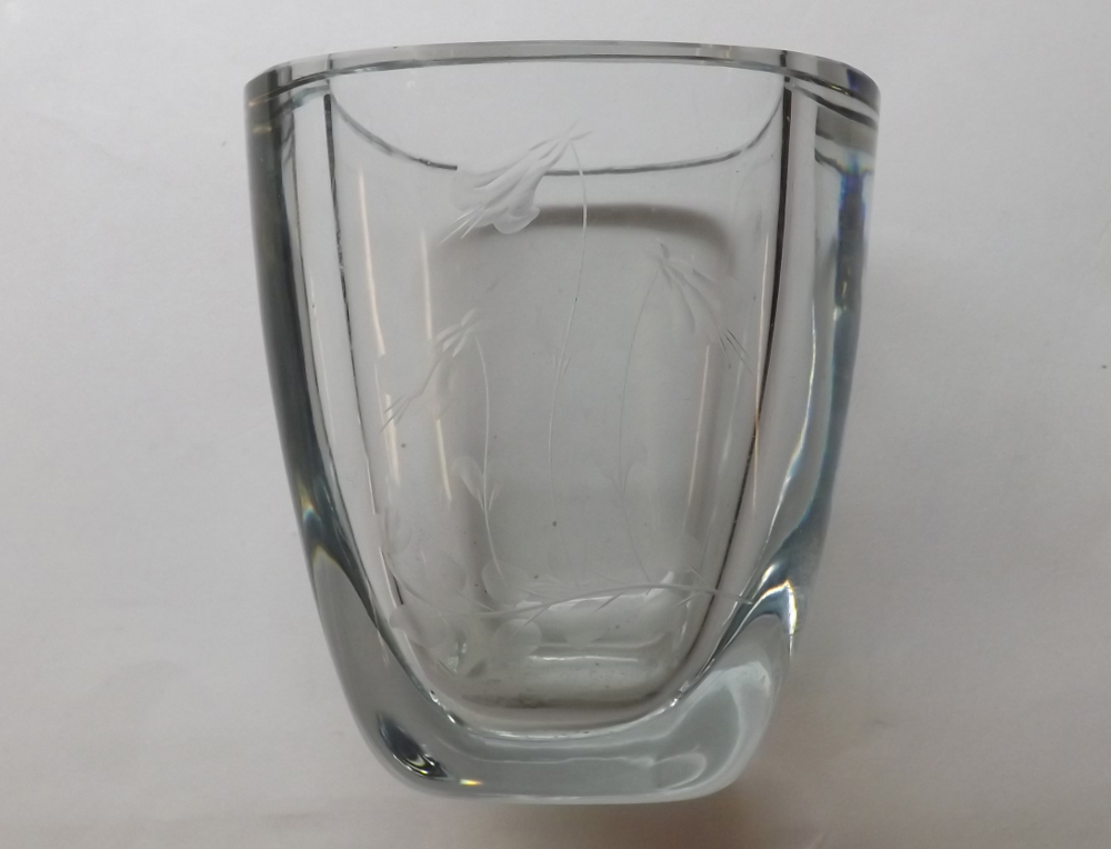 Studio Glass vase of tapering rectangular form, etched with sprays of foliage in the Baccarat