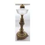 A decorative Brass Based Oil Lamp with clear glass facetted font, 20" high   70-90