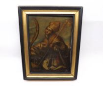 A 19th Century Oil Painting on Tin depicting a kneeling bishop, 8 1/2" x 6"   30-50