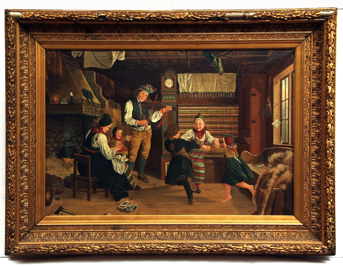 J B (19TH CENTURY, CONTINENTAL) Interior Scene with Family Dancing oil on canvas, initialled and