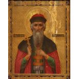 RUSSIAN SCHOOL (19TH/20TH CENTURY) St Prince Vladimir icon on panel 6 1/2 x 5 ins, in glazed boxed