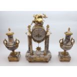 An early 20th Century French variegated Marble and gilt metal mounted Clock Garniture, the drum