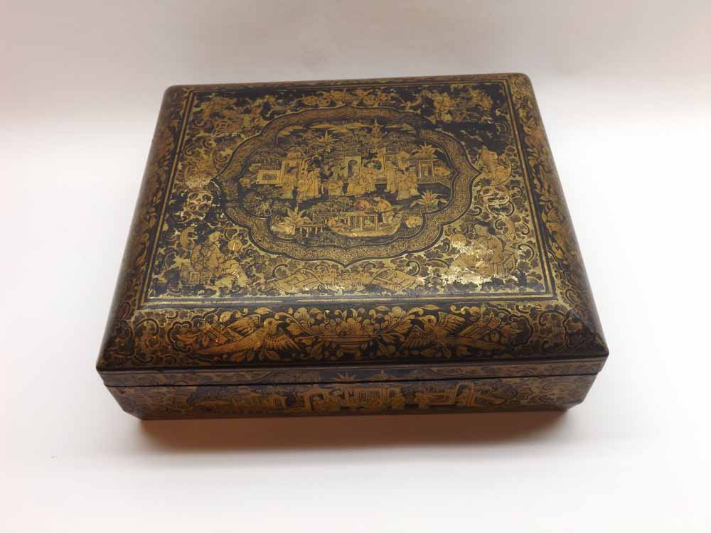 Late 19th or early 20th Century Chinese black lacquered Box with gilt decoration of figures, pagodas