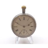 A late 19th Century Swiss Gun Metal Cased Open Face Keyless Pocket Watch, the frosted and gilt