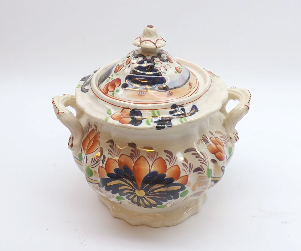 19th Century Staffordshire double handled Sugar Basin decorated with stylised foliage on a pale