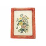 Victorian rectangular painted on glass study of a spray of flowers and foliage in a red fabric