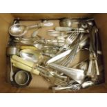 A box of various assorted Silver Plated Cutleries, Napkin Rings, Spirit Cups etc