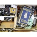 A large box containing a very large collection of various vintage radio valves, parts and