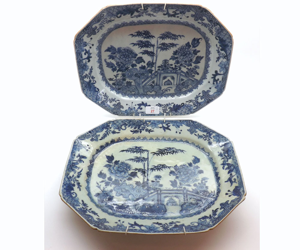 Two 19th Century blue and white Nankin octagonal Platters, typically decorated with various foliage,