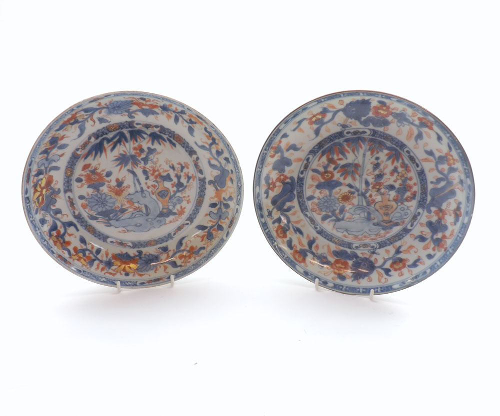 Pair of 19th Century Chinese circular dishes, decorated in blues, reds and gilt highlights with