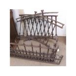 Mixed lot: four sections vintage cast iron railings and two straight, varying designs, largest