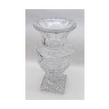 A 20th Century Clear Cut Glass Vase or urn form, the tapering body on a square base, 12 ½” high