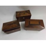 Group of three 19th Century Rosewood and Mahogany Sarcophagus formed Tea Caddies, all requiring some