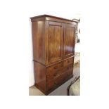 19th Century Mahogany Linen Press Cabinet, moulded cornice over two panelled doors opening to a
