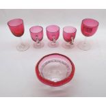 A small collection of Cranberry Glass: three Custard Cups, two Stemmed Wines and Shaped Bowl (6)