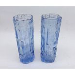 A pair of Whitefriars style Blue Tinted Glass Vases, 6 ¾” high