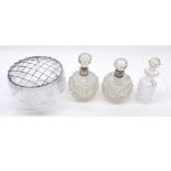 A Mixed Lot of three Clear Glass Dressing Table Scent Bottles and a small Clear Glass Rose Bowl with