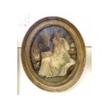 An oval framed late 18th/early 19th Century Silk Work and Painted Study of girl with lion and