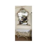 Large hall or over mantel mirror in elaborate white and gilt painted foliate decorated frame,