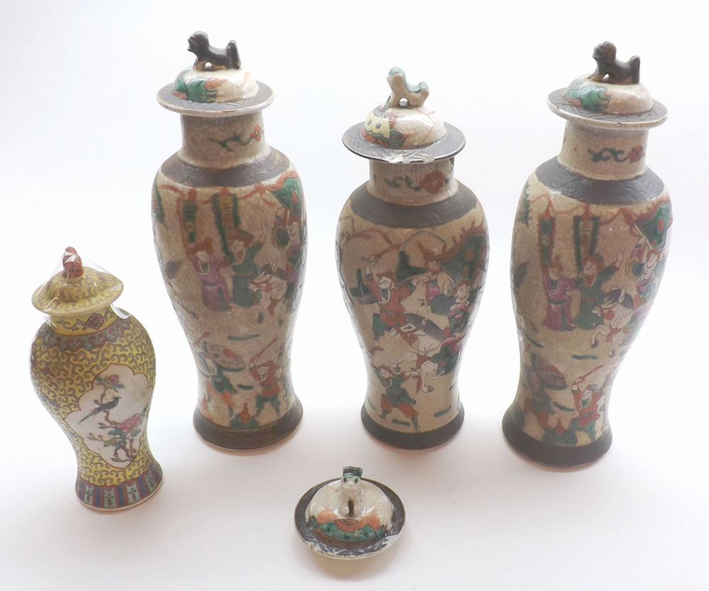 Mixed lot of early 20th Century Oriental crackle glazed lidded vases of baluster form, decorated