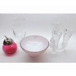 A Mixed Lot comprising: a Pink Art Glass Pedestal Dish; a small Cranberry Preserve Pot with plated