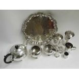 A Mixed Lot: Silver Plated Three Piece Tea Service, Silver Plated Goblets, Cruet items and Waiter