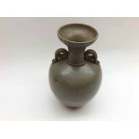 Chinese double handled cylinder Vase with flared lip, decorated with a crackle glaze, 7 ¼” high