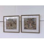 Pair of square needlework pictures depicting Children on a Seesaw and a Couple in Classical Dress,