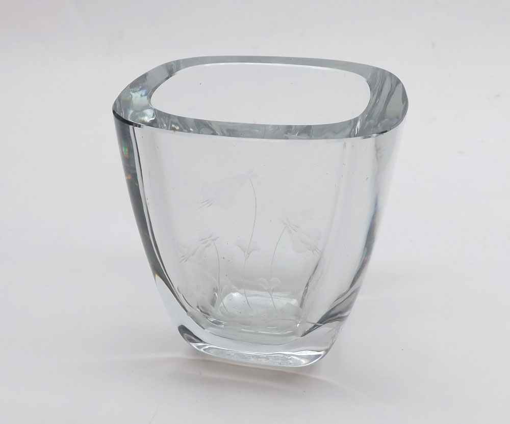 Studio Glass vase of tapering rectangular form, etched with sprays of foliage in the Baccarat